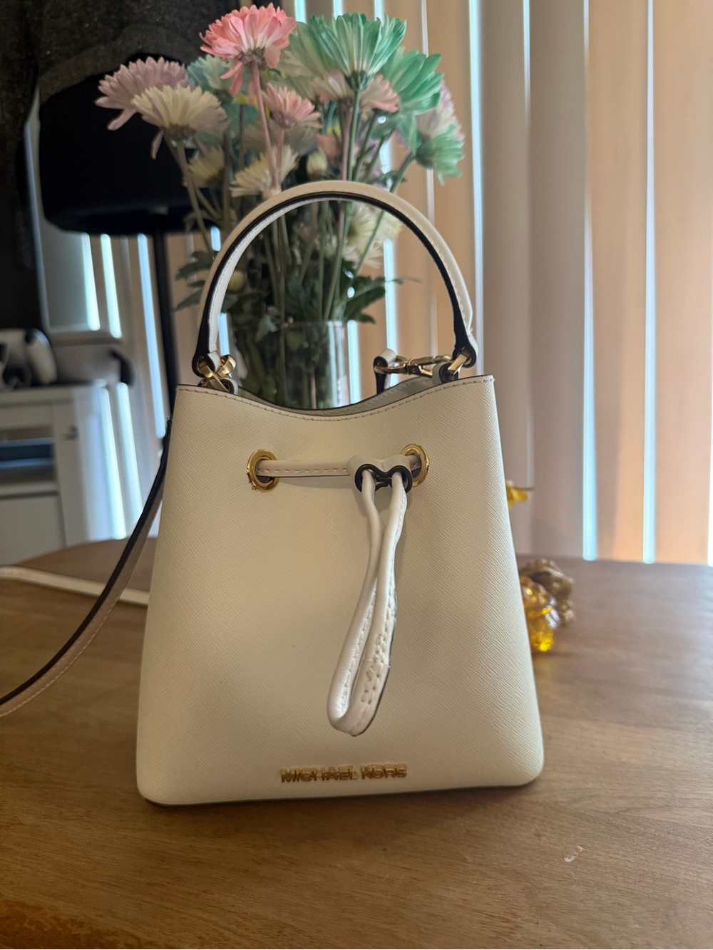 Michael Kors Cream Leather Mini Drawstring Bucket Bag